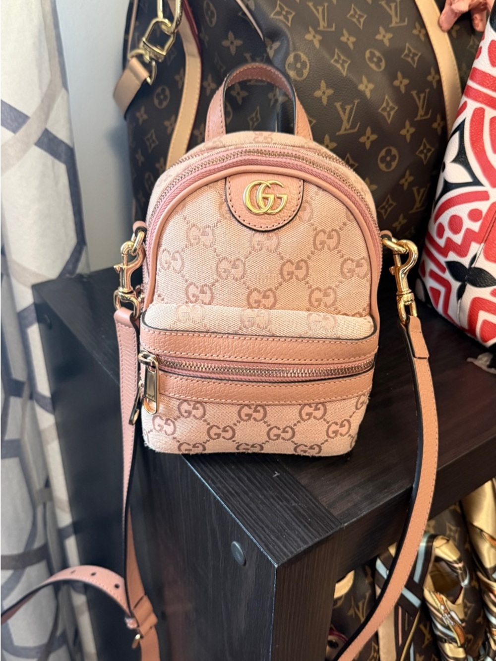 Gucci Mini GG Supreme Backpack Crossbody in Pink and Tan
